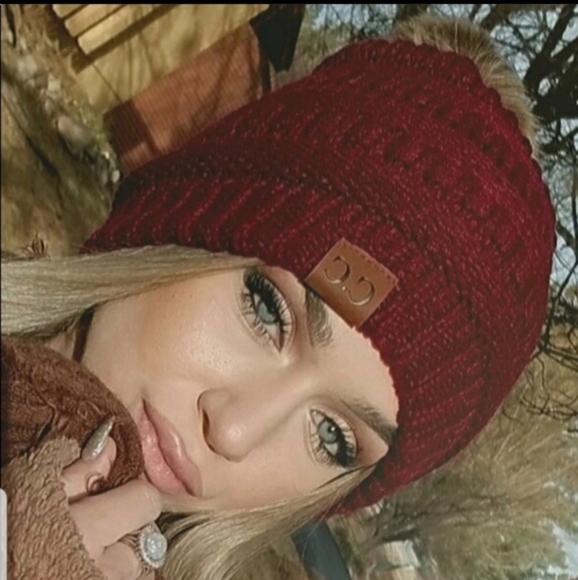 Burgundy Pom Beanie - Picture 2 of 3